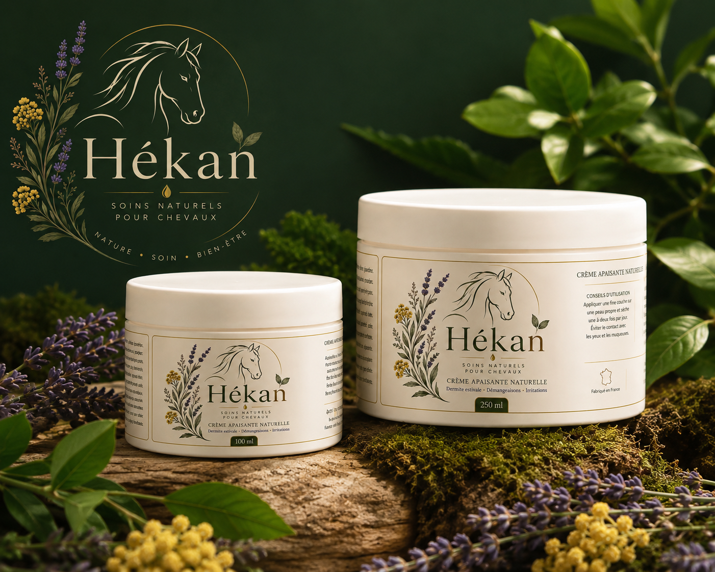 Les deux formats de crème apaisante et cicatrisante Hékan, 100 ml et 250 ml